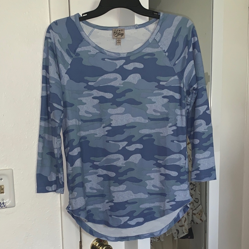 Blue Camo Scoop Neck Long Sleeve Top